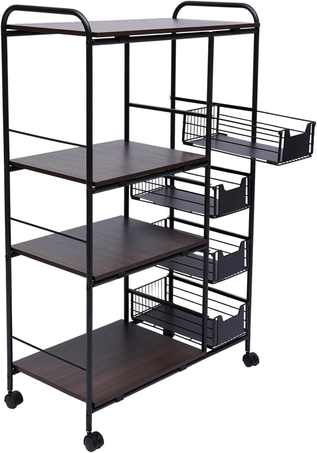 5-Tier Kitchen Bakers Rack with Storage, Kitchen Storage Cart with Wheels, Industrial Microwave Stand, Freestanding Kitchen Stand Storage Shelf, Mobile Storage Rack with Four Sliding Drawers
