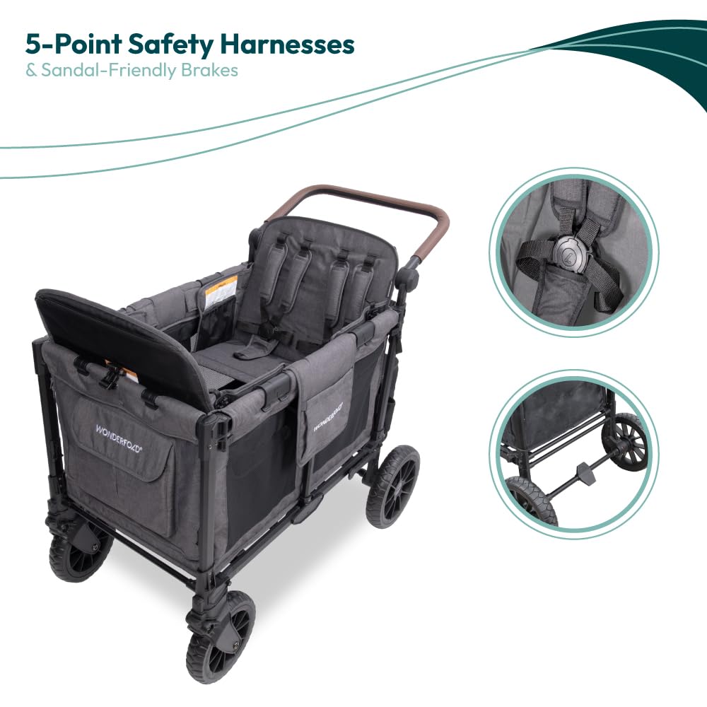 WonderFold W4 Luxe Pro Stroller Wagon - Collapsible Stroller Wagon with Aluminum Frame - Adjustable Canopy & Push Handle - XL All-Terrain Wheels - For Babies, Toddlers & Kids - 4 Seater - Gray