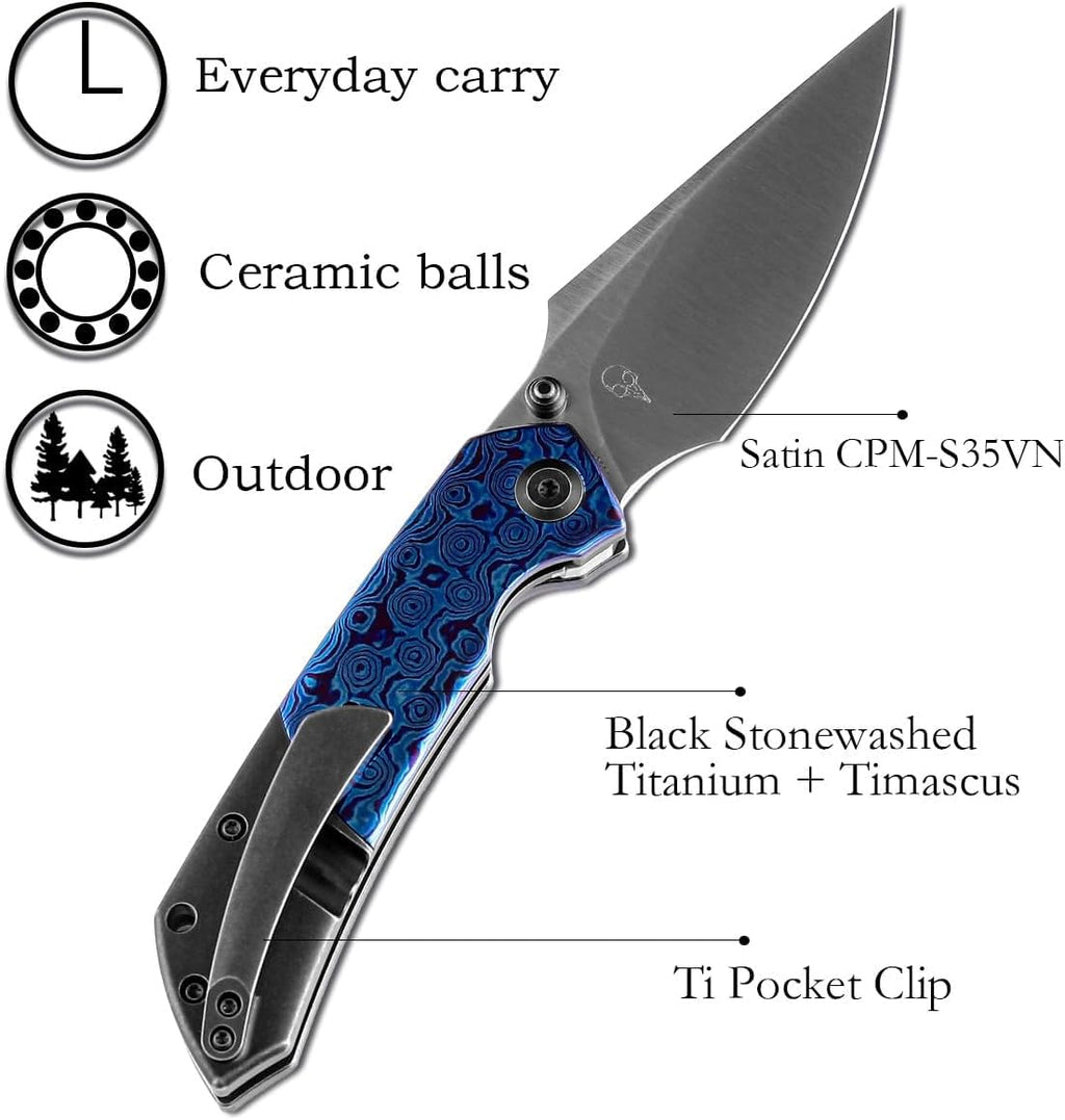 KANSEPT Fenrir Pocket Knife, 3.48' Satin CPM-S35VN Harpoon Blade, Blackwash Titanium Handle Timascus Inlay, Thumb Stud & Liner Lock with Deep Clip EDC Knives for Camping Hunting Survival K1034A7