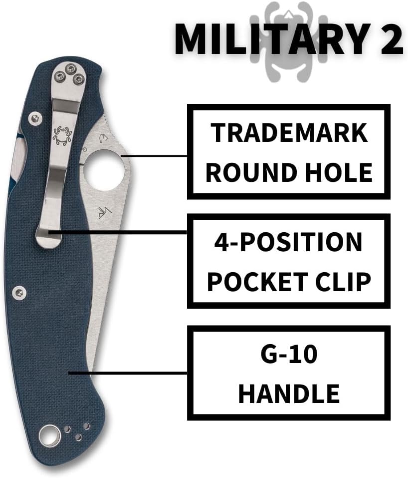 Spyderco Military 2 Folding Pocket Knife with 4' CPM SPY27 Steel Blade and G-10 Handle - EDC Knife for Men and Women, Perfect for Hunting, Tactical, Camping, Survival, Hiking - PlainEdge - C36GPCBL2