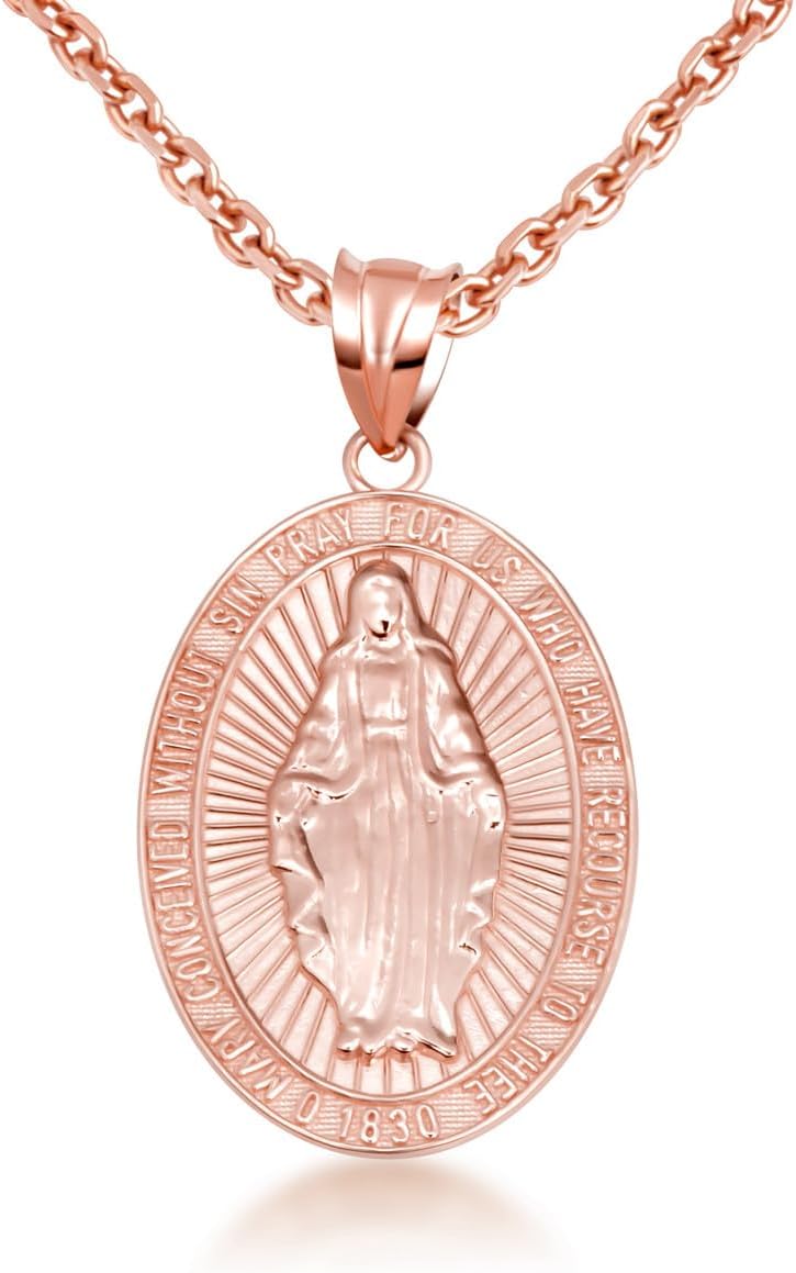 Gold Reversible Virgin Mary Miraculous Medal Pendant Necklace | 10K or 14K Yellow, Rose, or White Gold | Choice of Chain Length/Pendant Only