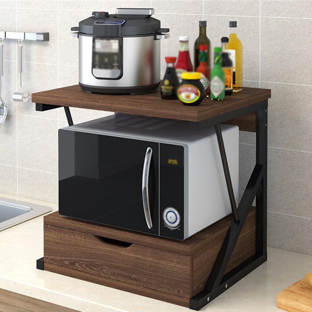Microwave Shelf,Countertop 2 Tier Wooden Microwave Stand Shelf with Drawer Kitchen Storage Shelf Organizer Rack Home Office Storage Stand Rack for Printer and Microwave(Brown)
