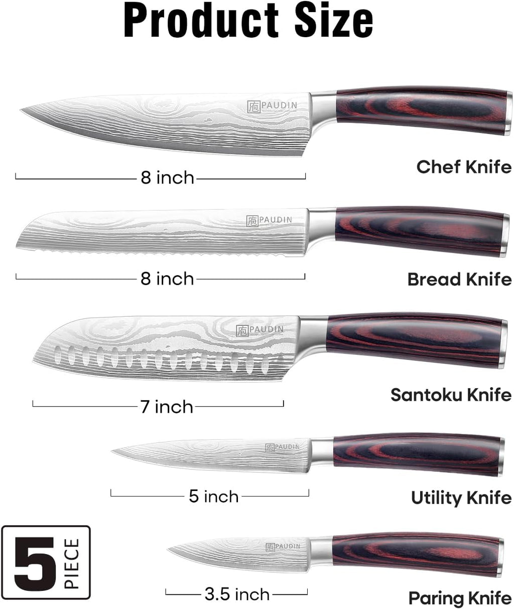 PAUDIN Knife Set, 5PCS Kitchen Knife Set without Block, Stainless Steel Chef Knife Set with Pakkawood Handle, Professional Kitchen Gift Sets for Cooking Lovers & Farther's Day