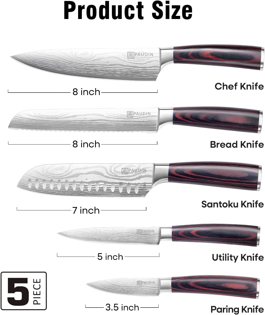 PAUDIN Knife Set, 5PCS Kitchen Knife Set without Block, Stainless Steel Chef Knife Set with Pakkawood Handle, Professional Kitchen Gift Sets for Cooking Lovers & Farther's Day