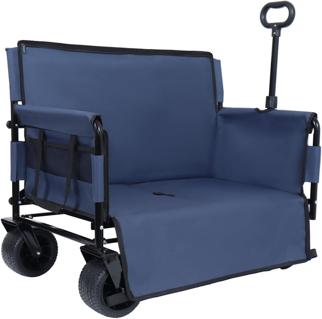 3-in-1 Convertible Folding Wagon Cart with Bench Seat & Storage 500lbs Heavy-Duty Utility Wagon, 180L Capacity All-Terrain Wheels for Camping, Beach, Sports, Garden, Dark Blue Multi-Functional