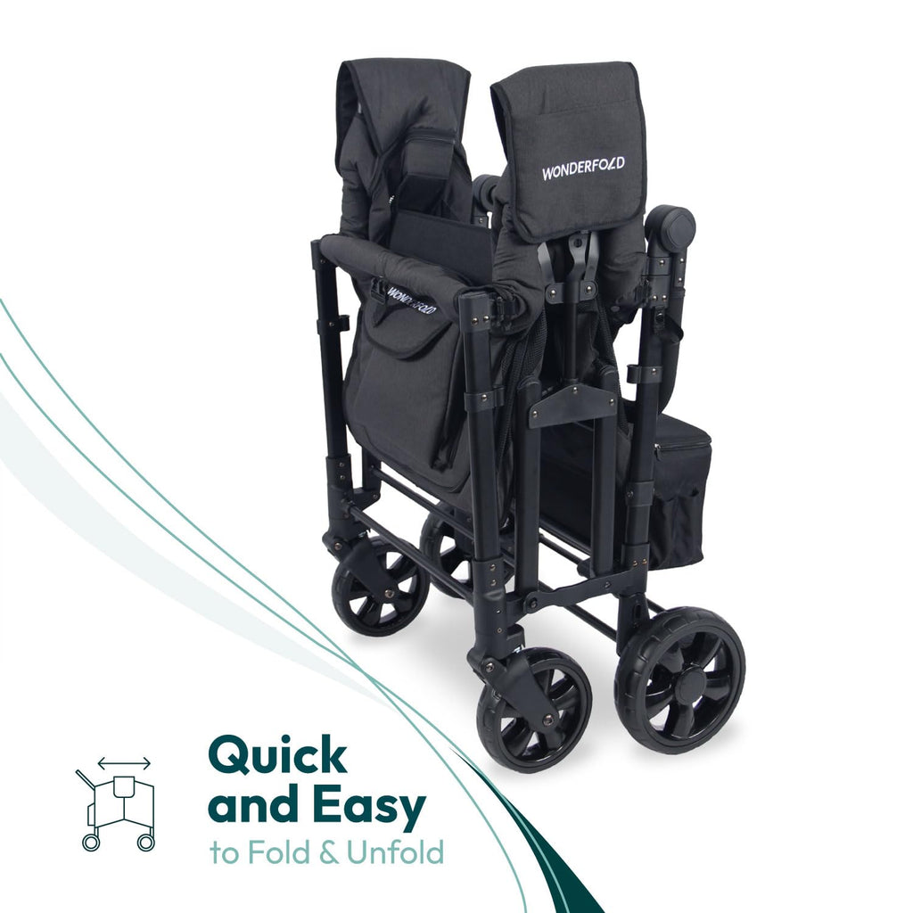 WonderFold W4 Elite Stroller Wagon - Foldable Wagon with Steel Frame - Adjustable Canopy & Push Handle - All-Terrain Wheels - for Babies, Toddlers & Kids - 4 Seater - Jet Black