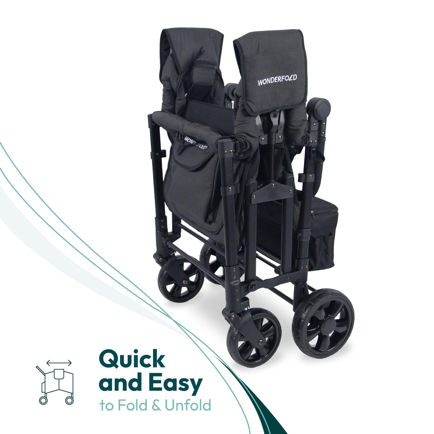 WonderFold W4 Elite Stroller Wagon - Foldable Wagon with Steel Frame - Adjustable Canopy & Push Handle - All-Terrain Wheels - for Babies, Toddlers & Kids - 4 Seater - Jet Black