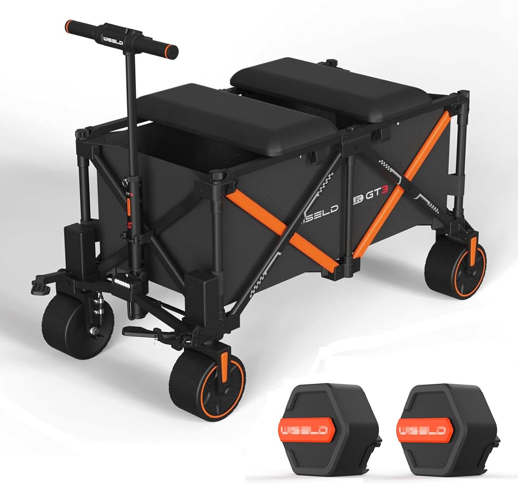 WISELD GT3 Electric Wagon Cart with Seats*2 Battery*2, Dymanic Load 551LBS/Static 771LBS, All Terrain Wagon, 2 Modes, Reverse Function, Precision Steering, for Shopping, Sports, Garden, Camping