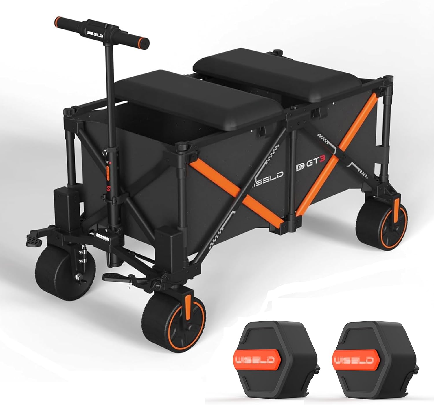 WISELD GT3 Electric Wagon Cart with Seats*2 Battery*2, Dymanic Load 551LBS/Static 771LBS, All Terrain Wagon, 2 Modes, Reverse Function, Precision Steering, for Shopping, Sports, Garden, Camping