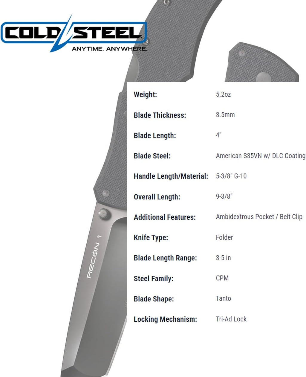 COLD STEEL Recon 1 4' S35VN Razor-Sharp Blade 5.375' G-10 Handle Tactical Folding Knife w/Tri-Ad Lock, Ambidextrous Pocket/Belt Clip