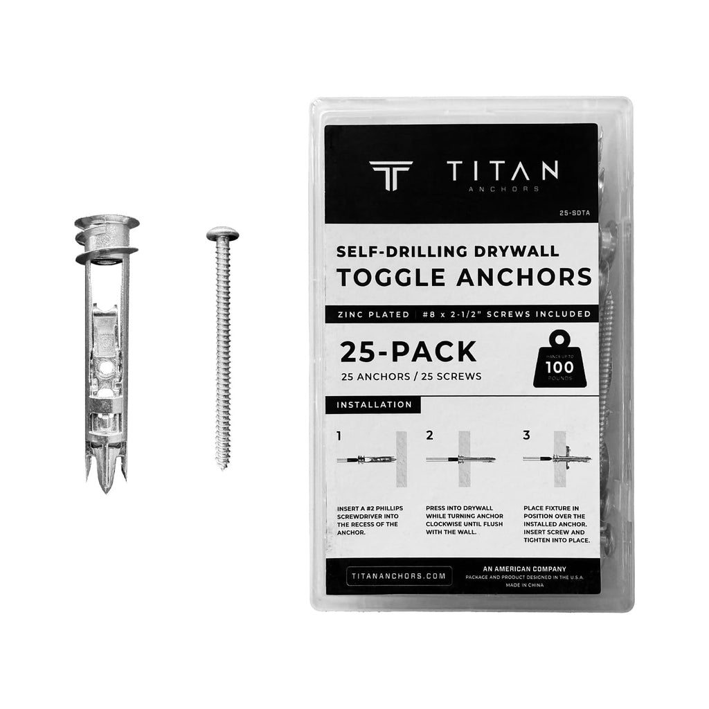 Self-Drilling Toggle Anchors with #8 x 2-1/2' Zinc Screws, 100 lb Capacity - Heavy Duty Drywall Wall Anchors | 600-Pack