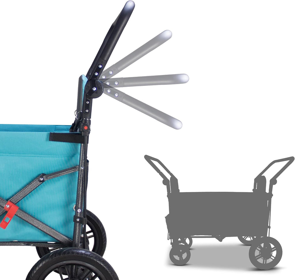 TMZ Collapsible Wagon with 2 Foldable Seats, Folding Wagon with Canopy, Multi Functional Cart with Adjustable Handle Bar, Front Expandable for Transport Camping (Turquoise/Grey)