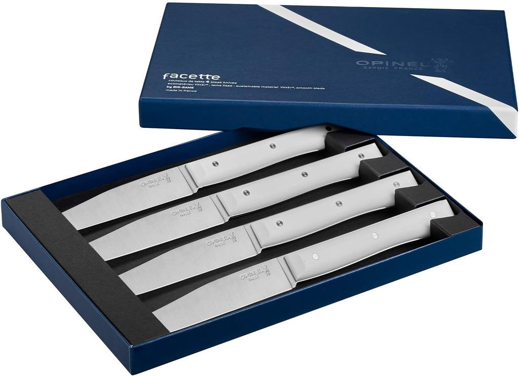 OPINEL Facette Steak Knife Set – Full Tang Table Knife Setting for 4, Comfortable Riveted Handle in Premium Woods and Vitter Eco, Made in France (White VittEr)