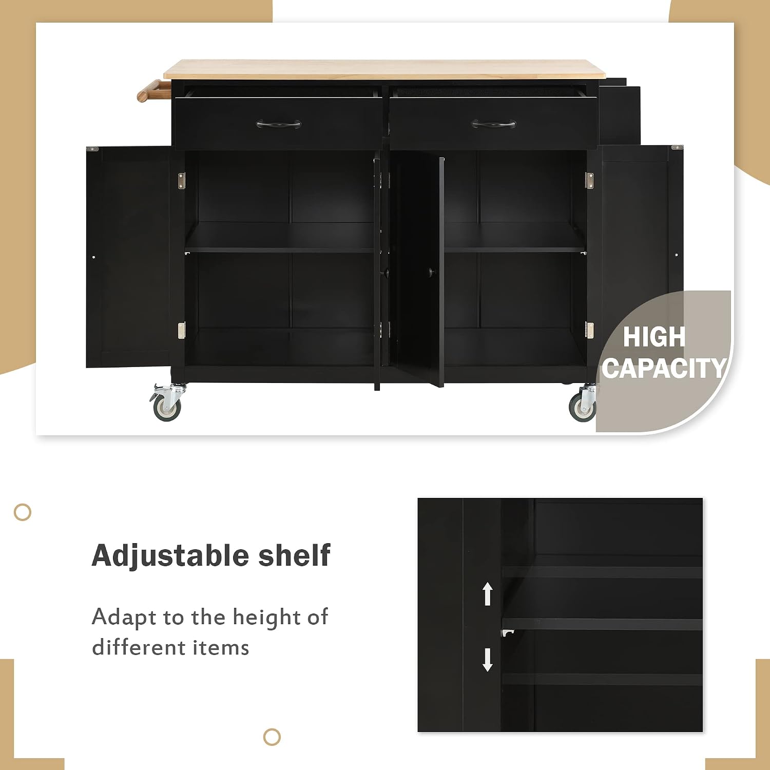 Merax 54.3' Width Kitchen Island with Storage, Rolling Kitchen Storage Islands with 4 Door Cabinet & 2 Drawers, Kitchen Cart with Solid Wood Top, Lockable Wheels, Spice Rack, and Towel Rack, Black