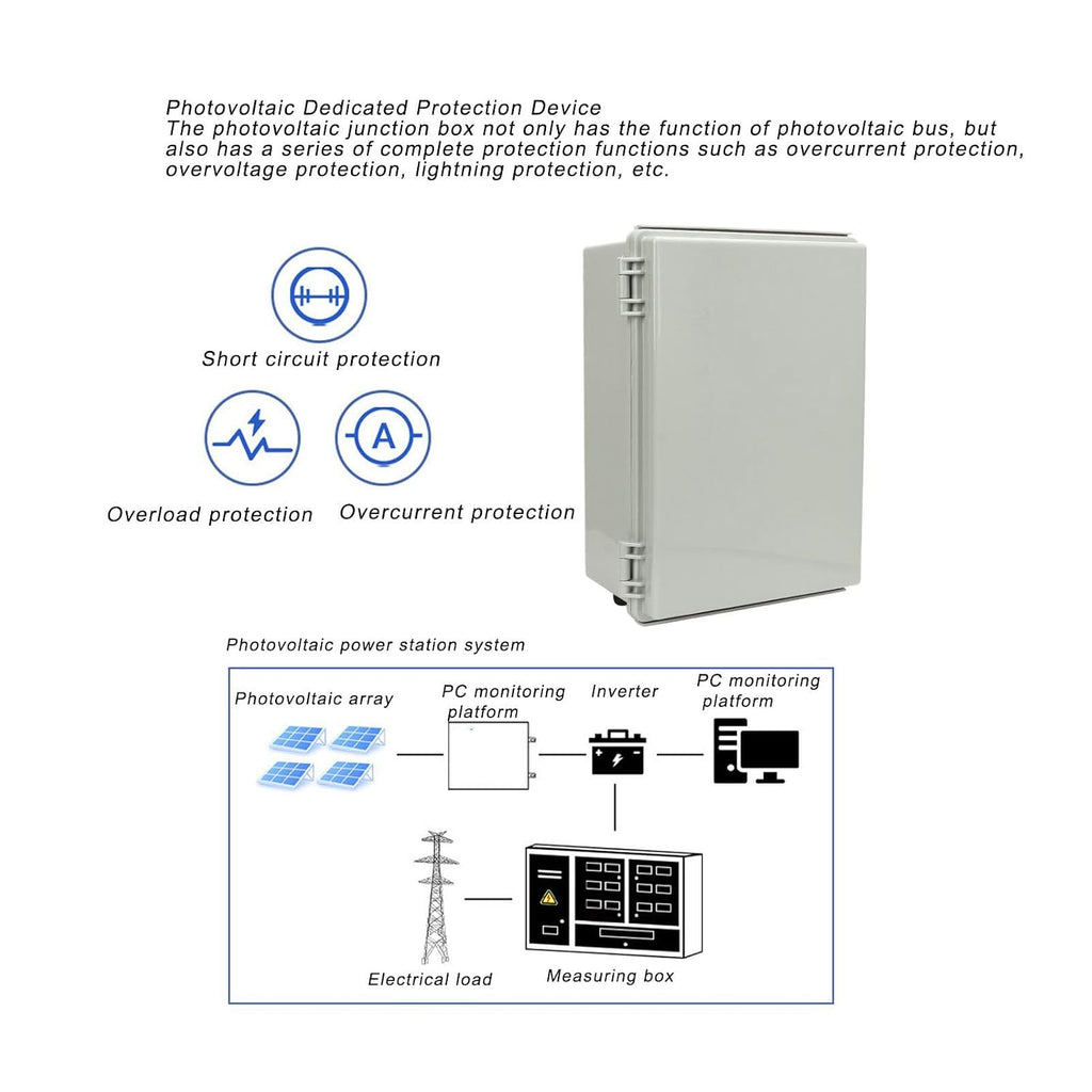 Solar PV Combiner Box, 4-String to 2-Output, DC 1000V, IP65 Waterproof, Wall Mounted System with DC Isolation Switch, for Solar Panel Installation