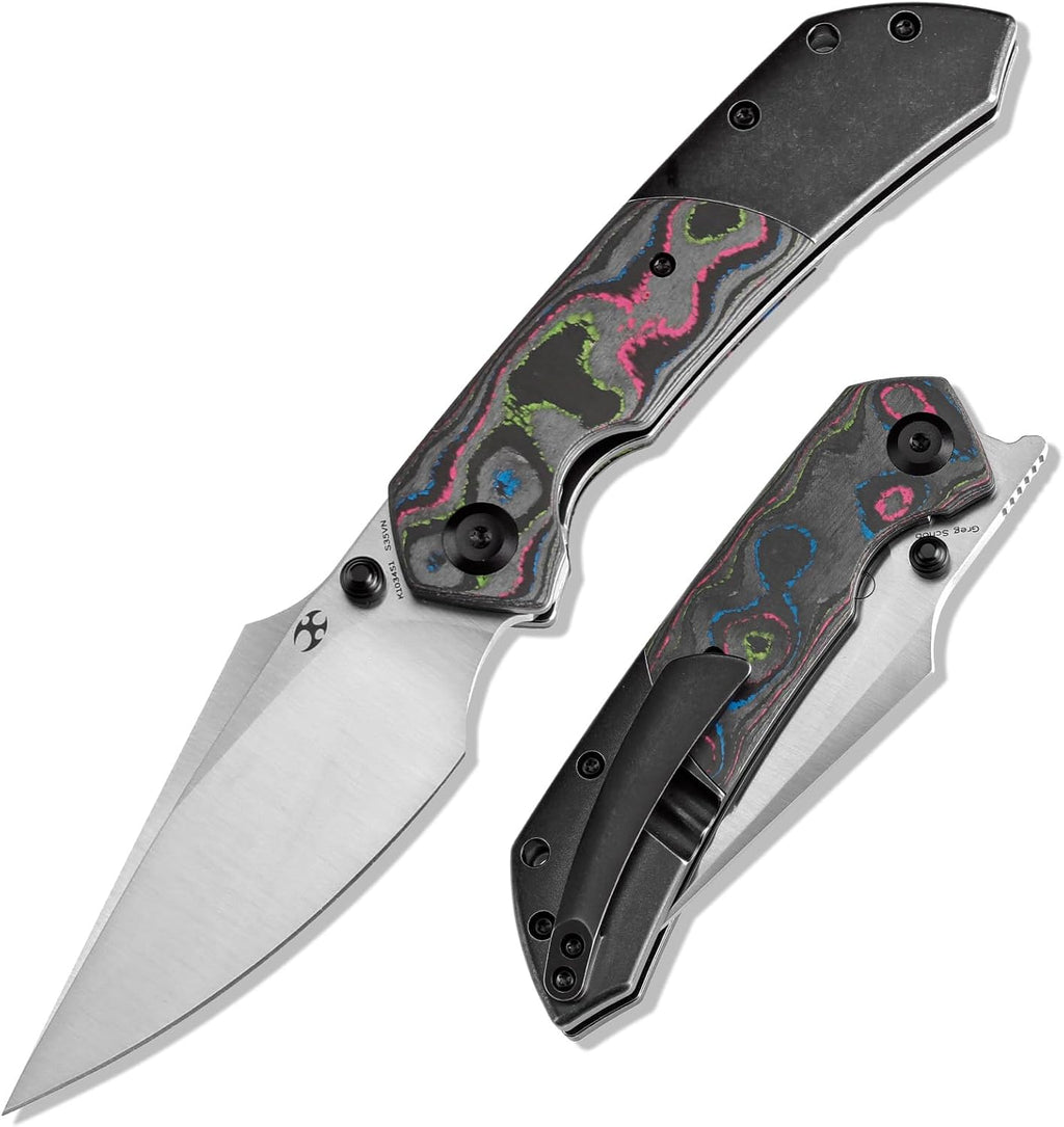 KANSEPT Fenrir Pocket Knife, 3.48'Satin CPM S35VN Harpoon Blade, Blackwash Titanium Handle 80S Carbon Fiber Inlay,Thumb Stud & Liner Lock with Deep Clip EDC Knives for Camping Hunting Survival K1034S1