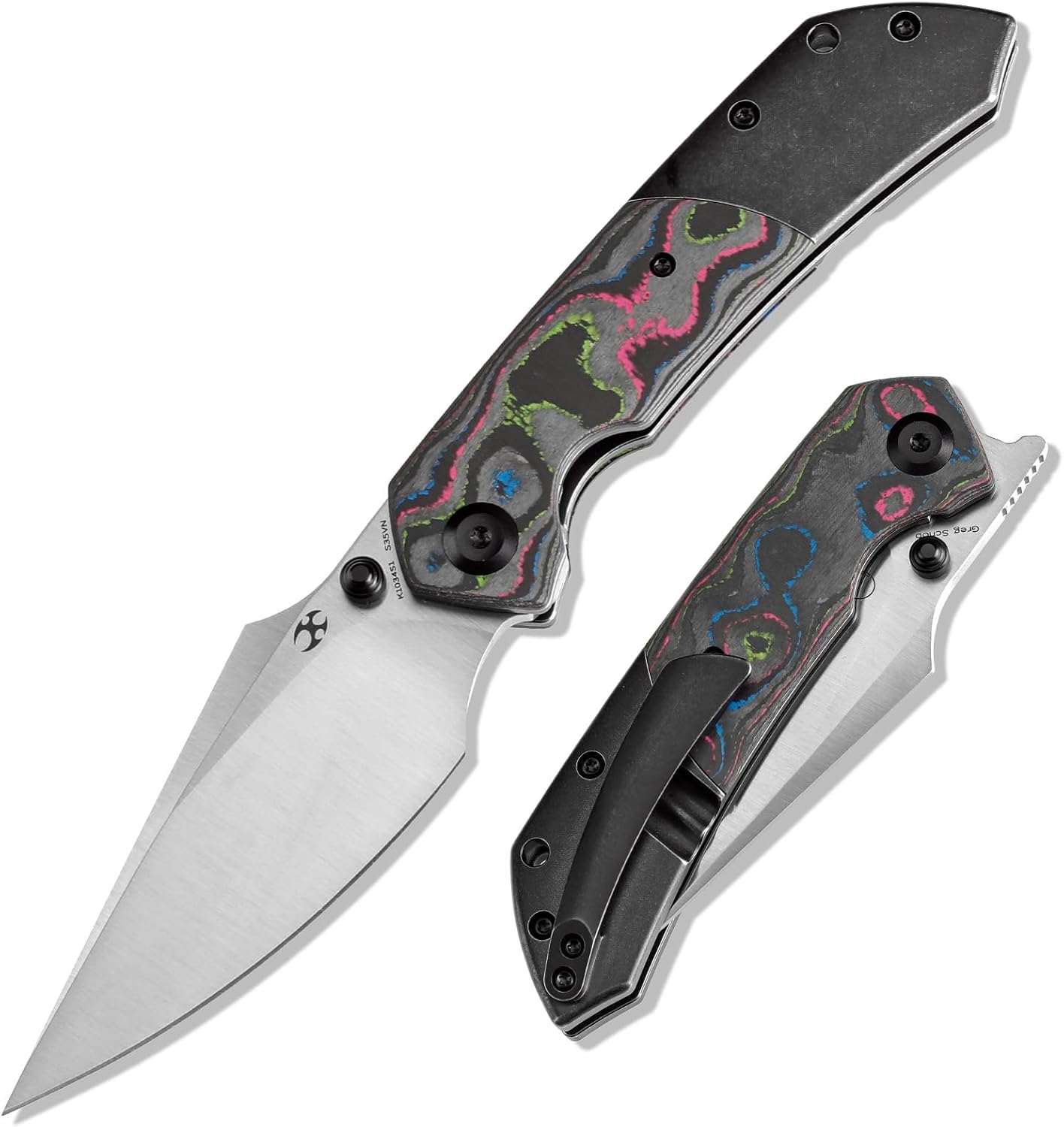 KANSEPT Fenrir Pocket Knife, 3.48'Satin CPM S35VN Harpoon Blade, Blackwash Titanium Handle 80S Carbon Fiber Inlay,Thumb Stud & Liner Lock with Deep Clip EDC Knives for Camping Hunting Survival K1034S1