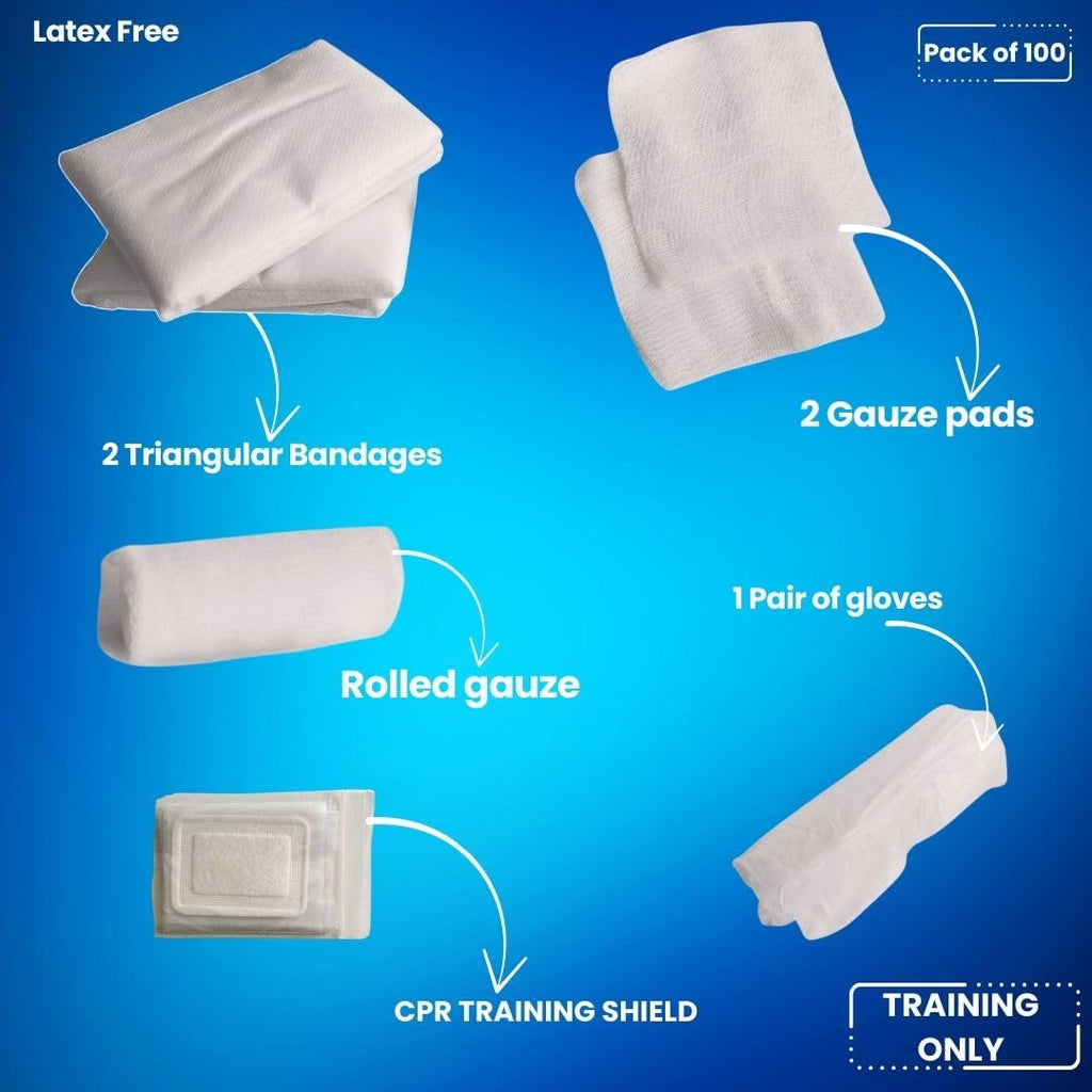 MCR Medical CPR & FA Training Kits w. 2 Non-Woven Triangular Bandages, 100 Pack