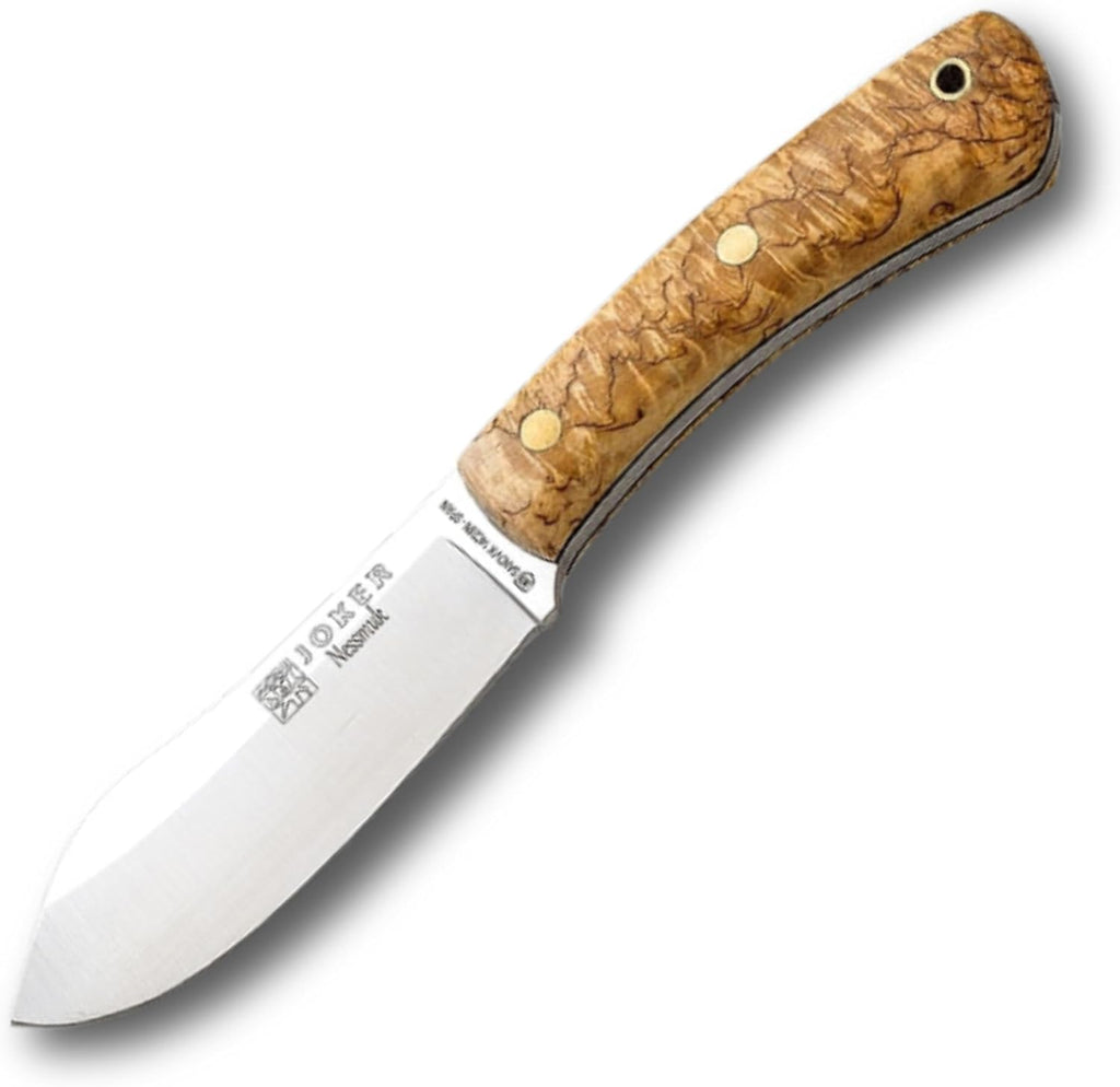 Joker Nessmuk CL136 Bushcraft Knife, 4.33 in Sandvik 14C28N Stainless Steel Flat Grind Blade, Curly Birch Handle and Brown Leather Sheath, for Bushcraft, Camping, Hiking and Field Tasks
