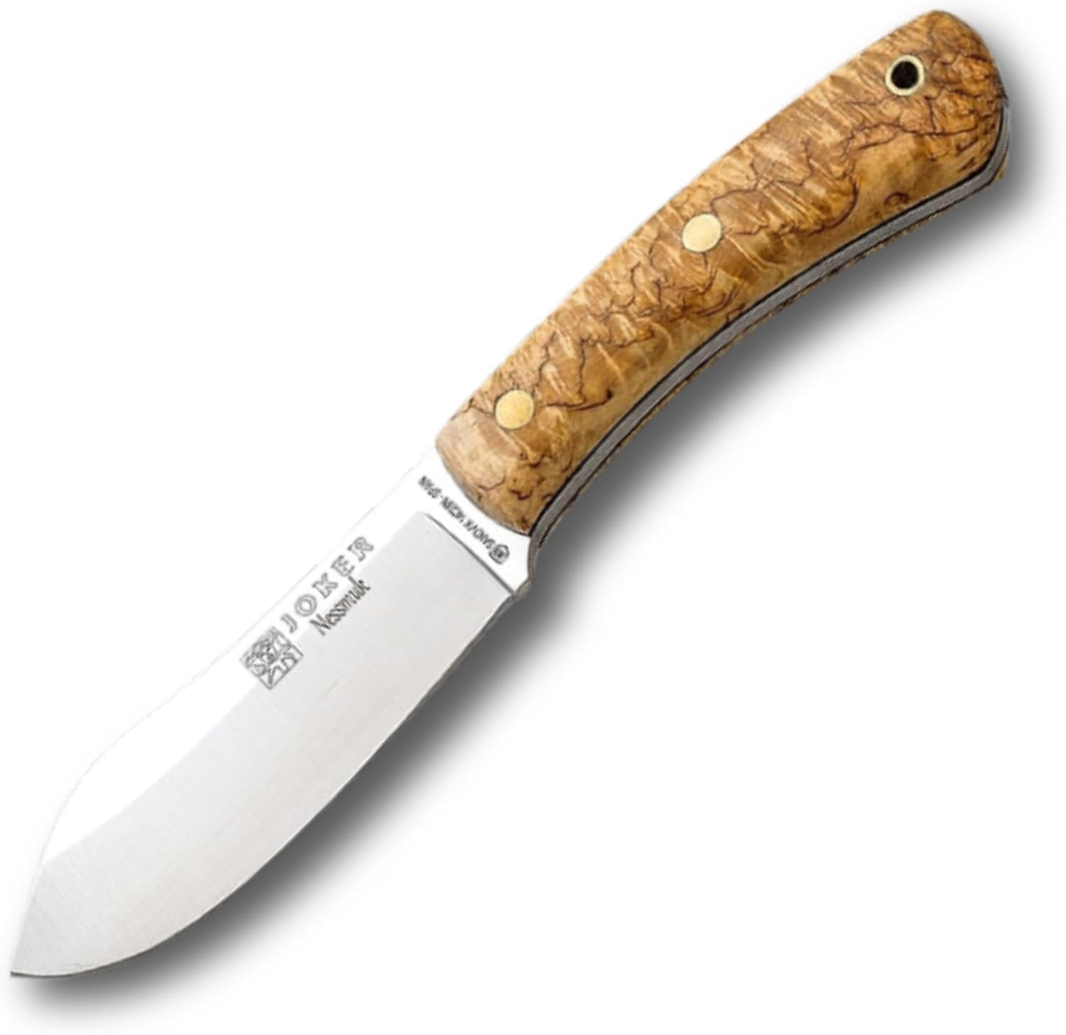 Joker Nessmuk CL136 Bushcraft Knife, 4.33 in Sandvik 14C28N Stainless Steel Flat Grind Blade, Curly Birch Handle and Brown Leather Sheath, for Bushcraft, Camping, Hiking and Field Tasks