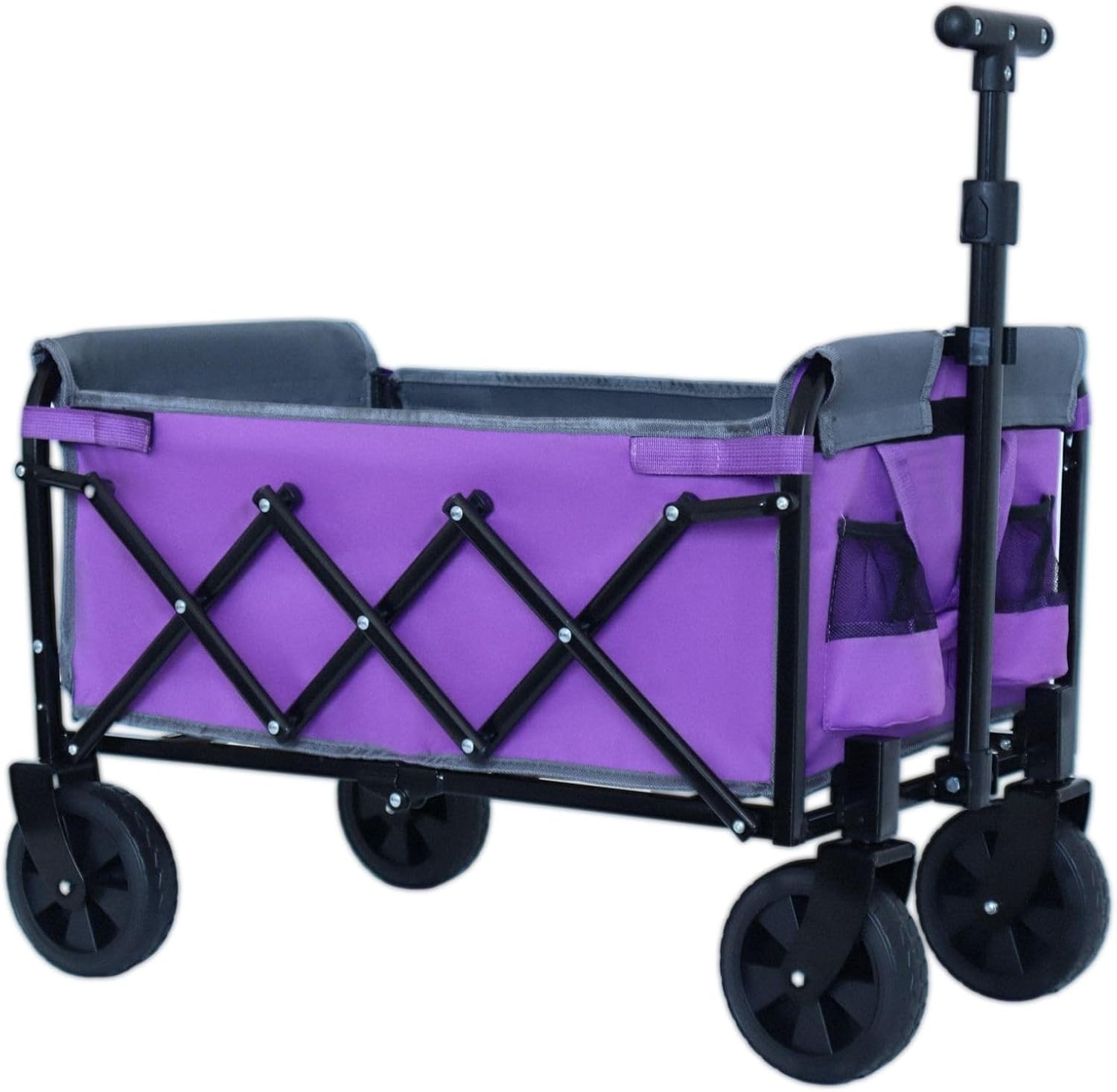 Wagonpro Folding Utility Wagon with Convertible Bench Seat, Collapsible All-Terrain Cart with 360° Swivel Wheels, Portable Outdoor Wagon for Camping, Beach, Sports Events, Purple