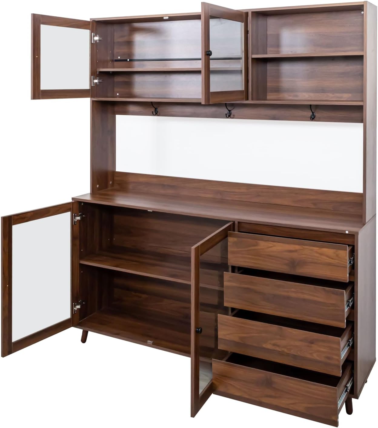 63' Kitchen Pantry Cabinet with Doors and Shelves, Freestanding Bakers Rack Coffee Station with 4 Drawers and Hooks for Kitchen Dining Room, Walnut