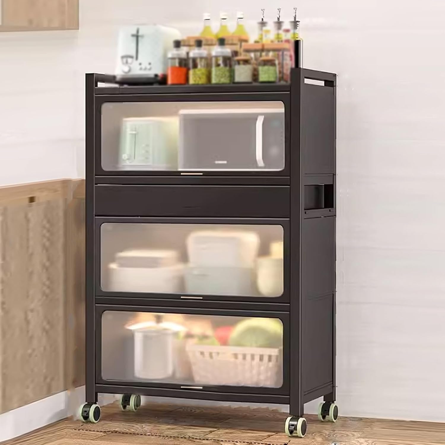 Bakers Rack with Storage Cabinet Kitchen Shelf Organizer and Storage with Drawer with Rolling Wheels, for Spices, Pots and Pans(Black,60 * 40 * 135.4cm)