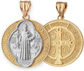 LA BLINGZ 10K Two-Tone Yellow Gold Saint Benedict Medal Reversible Pendant Necklace