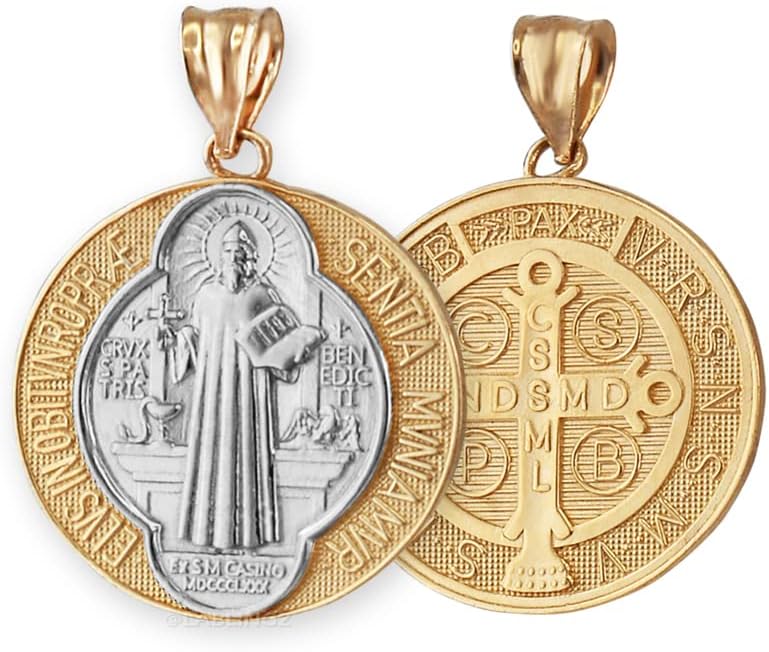 LA BLINGZ 10K Two-Tone Yellow Gold Saint Benedict Medal Reversible Pendant Necklace