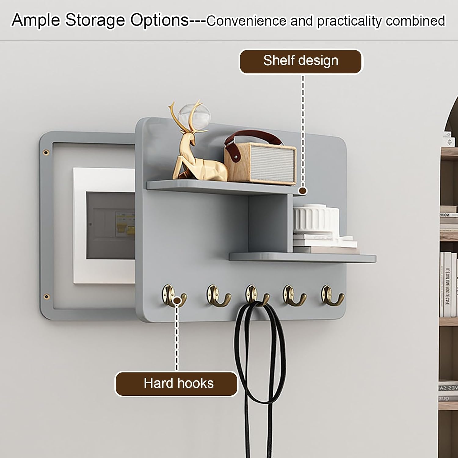 Electric Meter Box Cover Decorative with Shelves & Hooks, Hidden Circuit Breaker Panel, Wooden Decor Cover for Living Room Bedroom Office(White 1,55 * 45cm/21.6 * 17.7in)