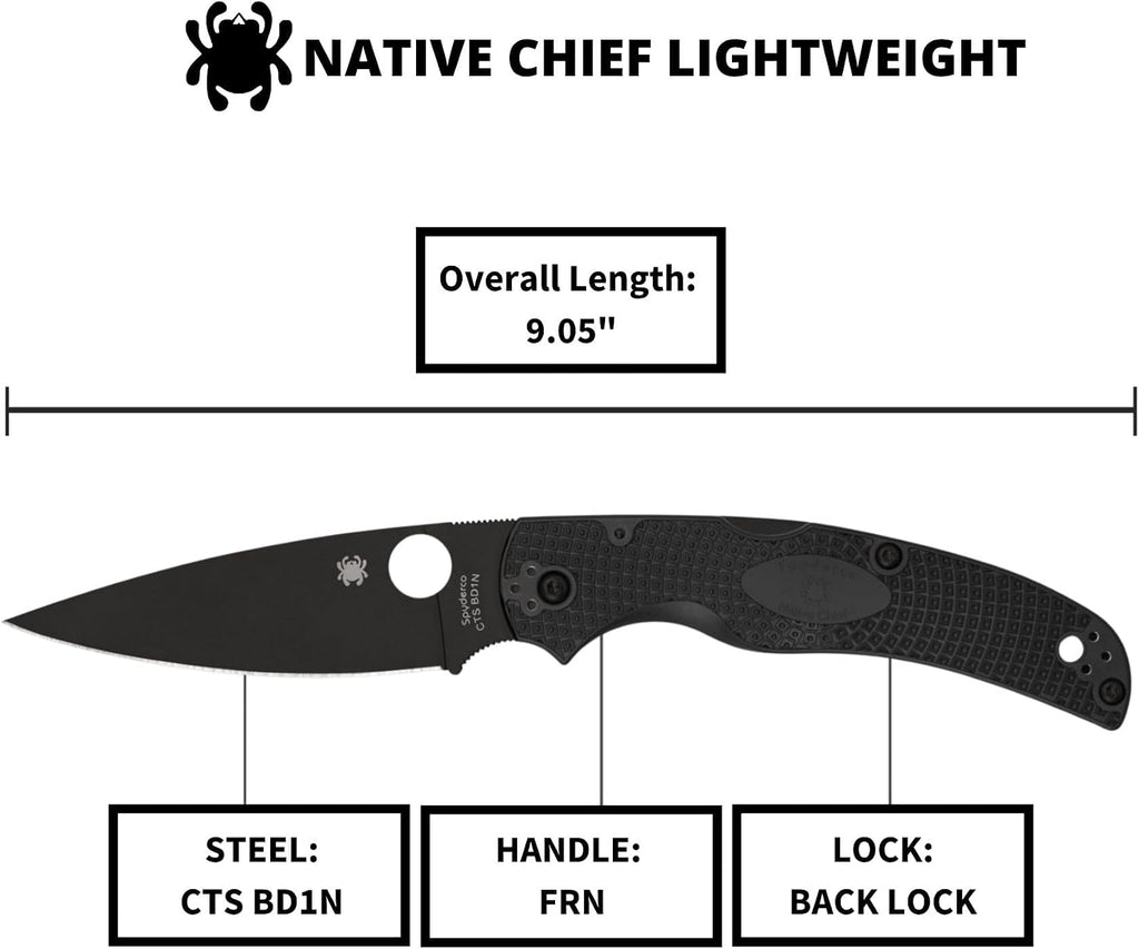 Spyderco Native Chief Lightweight Folding Pocket Knife with 4' Black CTS BD1N Steel Blade and FRN Handle - EDC Knife for Men and Women, Perfect for Hunting, Tactical, Camping - PlainEdge - C244PBBK