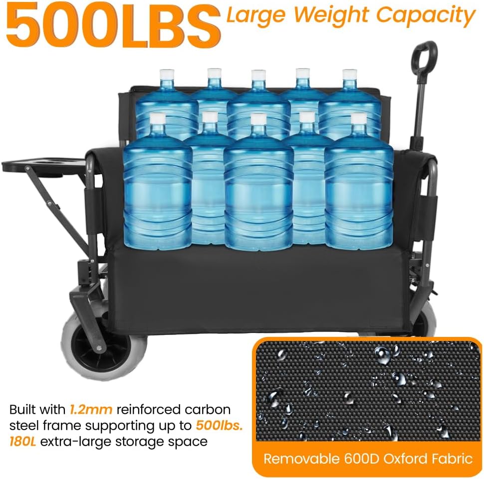 Heavy-Duty Folding Wagon with Bench Seat and Rear Folding Tabletop – 500-Pound Capacity, All-Terrain Beach Wheels for Outdoor Use (Black + Steel)