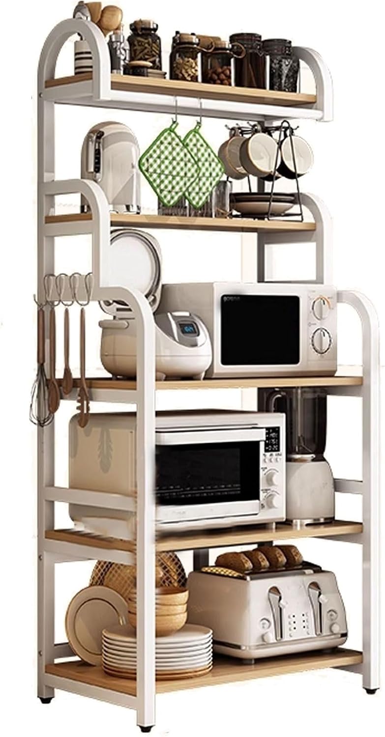 Microwave Stand with Storage Cabinet Made of Iron Frame and Wooden Boards Bakers Rack Kitchen Cupboard with Casters Kitchen Furniture Pantry Cupboard(Color:B,Size:70 * 40 * 165CM)