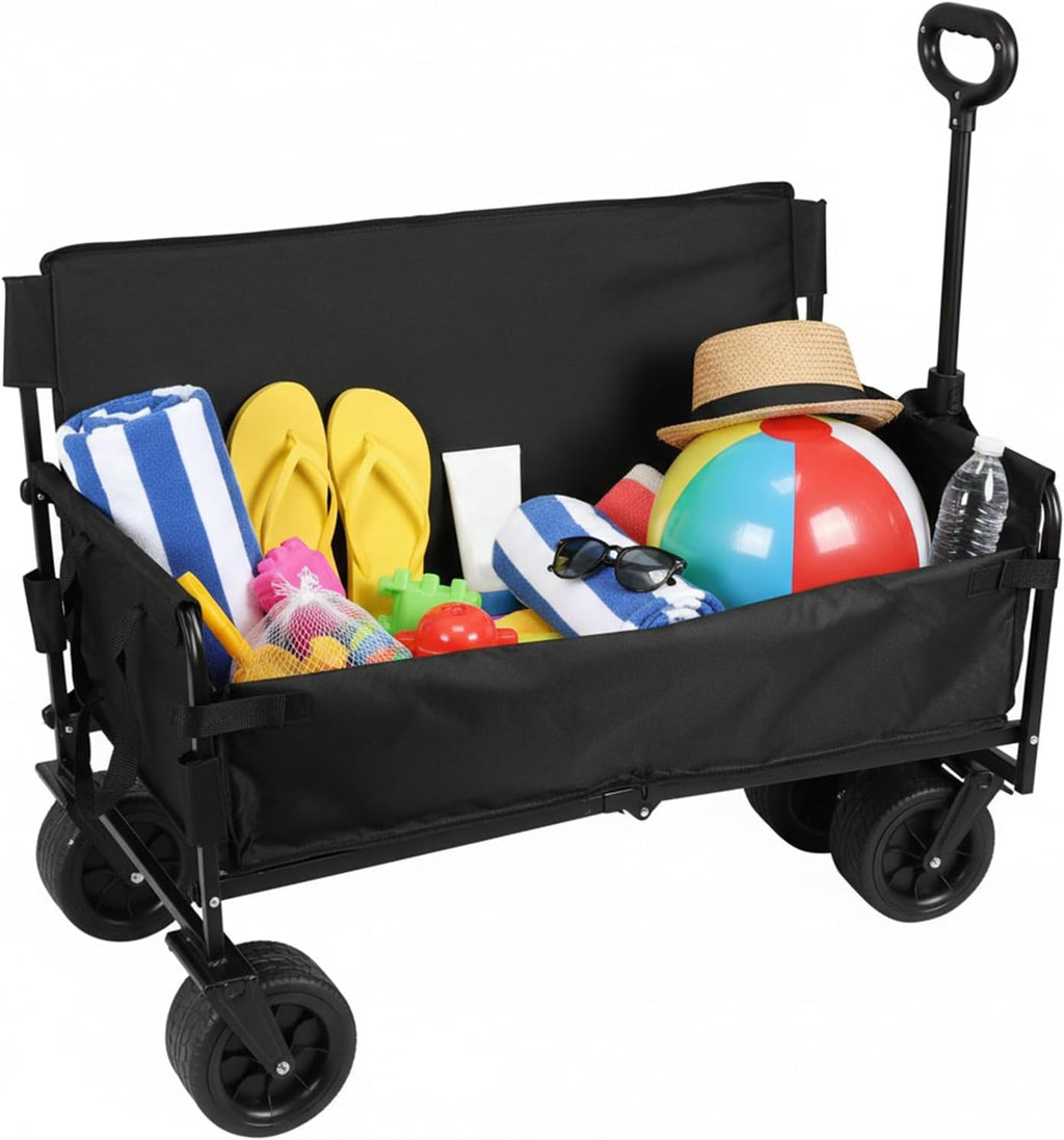 Large Capacity Collapsible Wagon Cart with Wheels Heavy Duty Collapsible Utility Wagon for Groceries Garden Sport (Black)