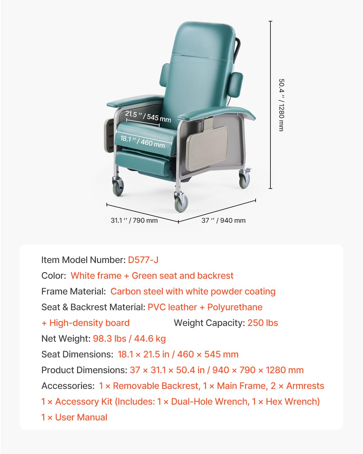 VEVOR Geri Chair Recliner, 4-Position Reclining Geri Chair with 2 Trays, 250 lbs Capacity Trendelenburg Medical Recliner Chair with 4 Wheels for Hospital, Nursing Home, Geriatric Home Care