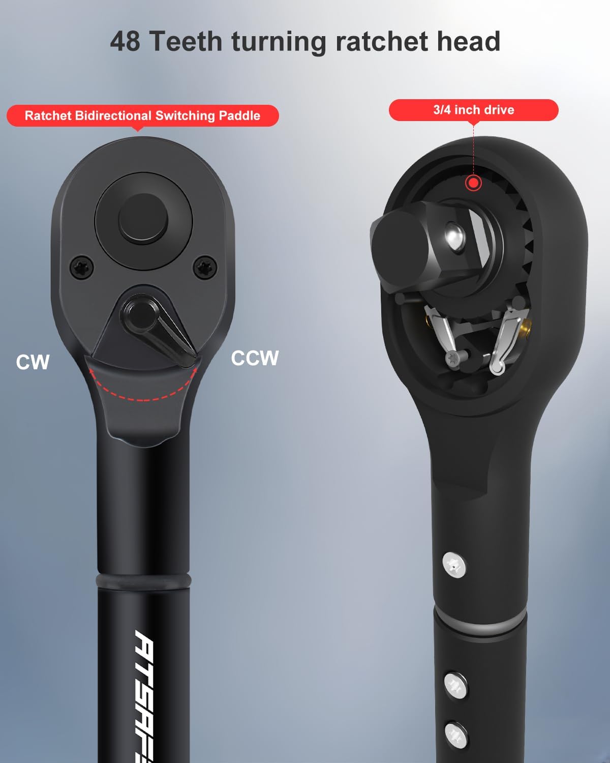 Atsafepro 3/4 Torque Wrench 100-850 Ft-Lb -±3% Accuracy, 47.3' Long Handle, 48-Tooth Reversible Ratchet, Cr-V Steel, Dual Scale,3/4' Drive Click Heavy Duty Torque Wrench for Industrial, Truck, Turbine