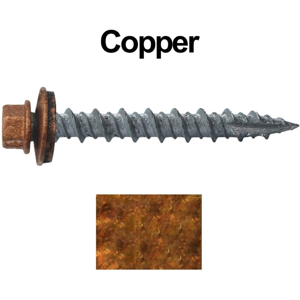 10 x 1-1/2' Copper Metal Roofing Screws - Hex Washer Head- Self-Starting/Tapping - EPDM Washer. 8 X 250 Bags - 2,000 Screws