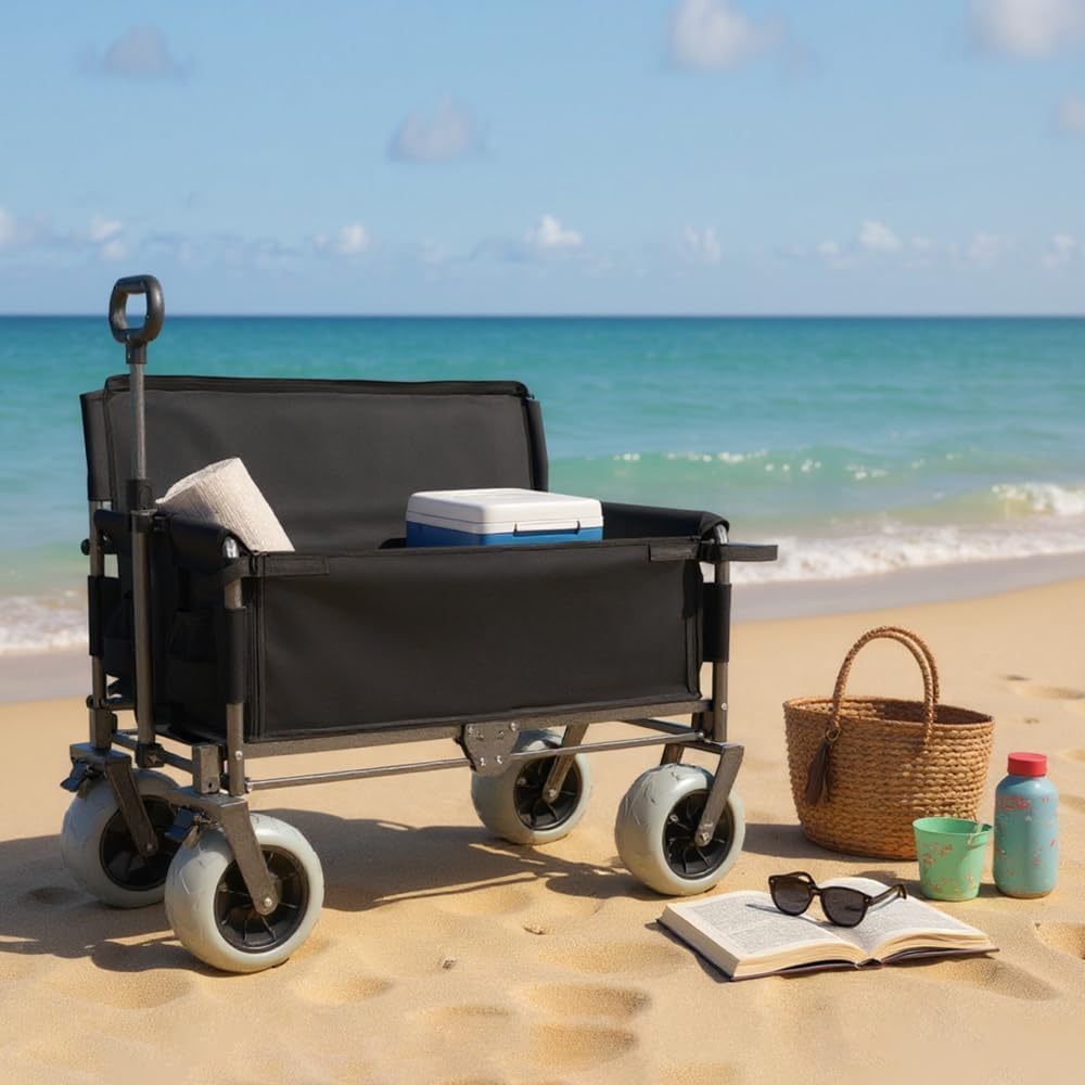 Heavy-Duty Foldable Utility Wagon with All-Terrain Wheels, Bench Seat & Large Storage Capacity for Outdoor Activities, Garden, Beach and Sports (Black + Steel)