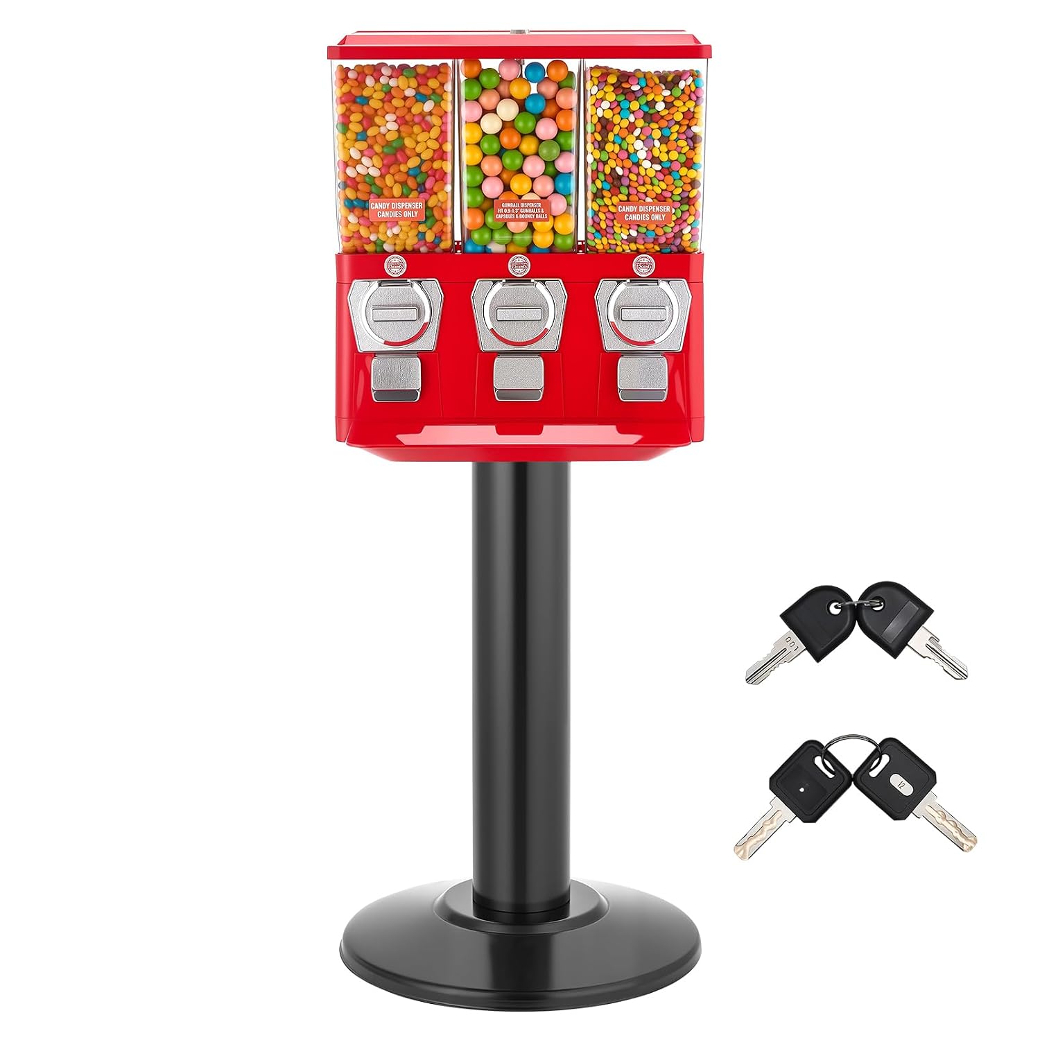 VEVOR Candy Vending Machine, Triple Compartment Candy Dispenser, Commercial Gumball and Candy Machine for Business with Iron Stand, Coin Operated Gumball Bank for Toy Capsules Bouncy Balls Candy