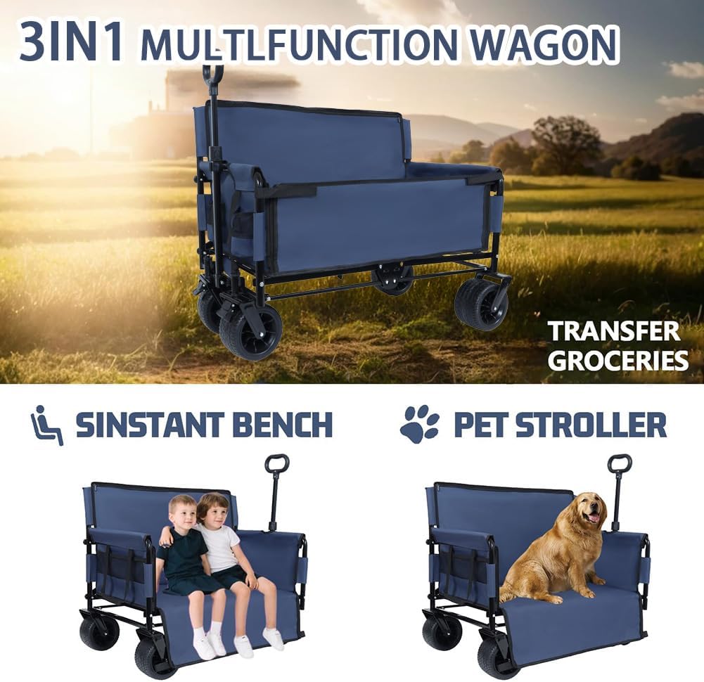 3-in-1 Convertible Folding Wagon Cart with Seat & Storage, 500lbs Heavy-Duty Utility Wagon, 180L Capacity, All-Terrain 360° Swivel Wheels for Camping, Beach, Sports, Garden (Dark Blue)