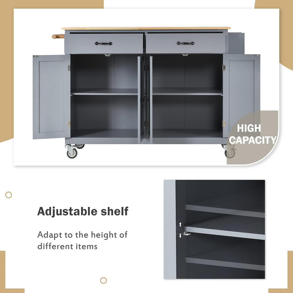 Merax 54.3' Width kitchen island with storage, Rolling Kitchen Storage Islands with 4 Door Cabinet & 2 Drawers, Kitchen Cart with Solid Wood Top, Lockable Wheels, Spice Rack, and Towel Rack, Grey Blue