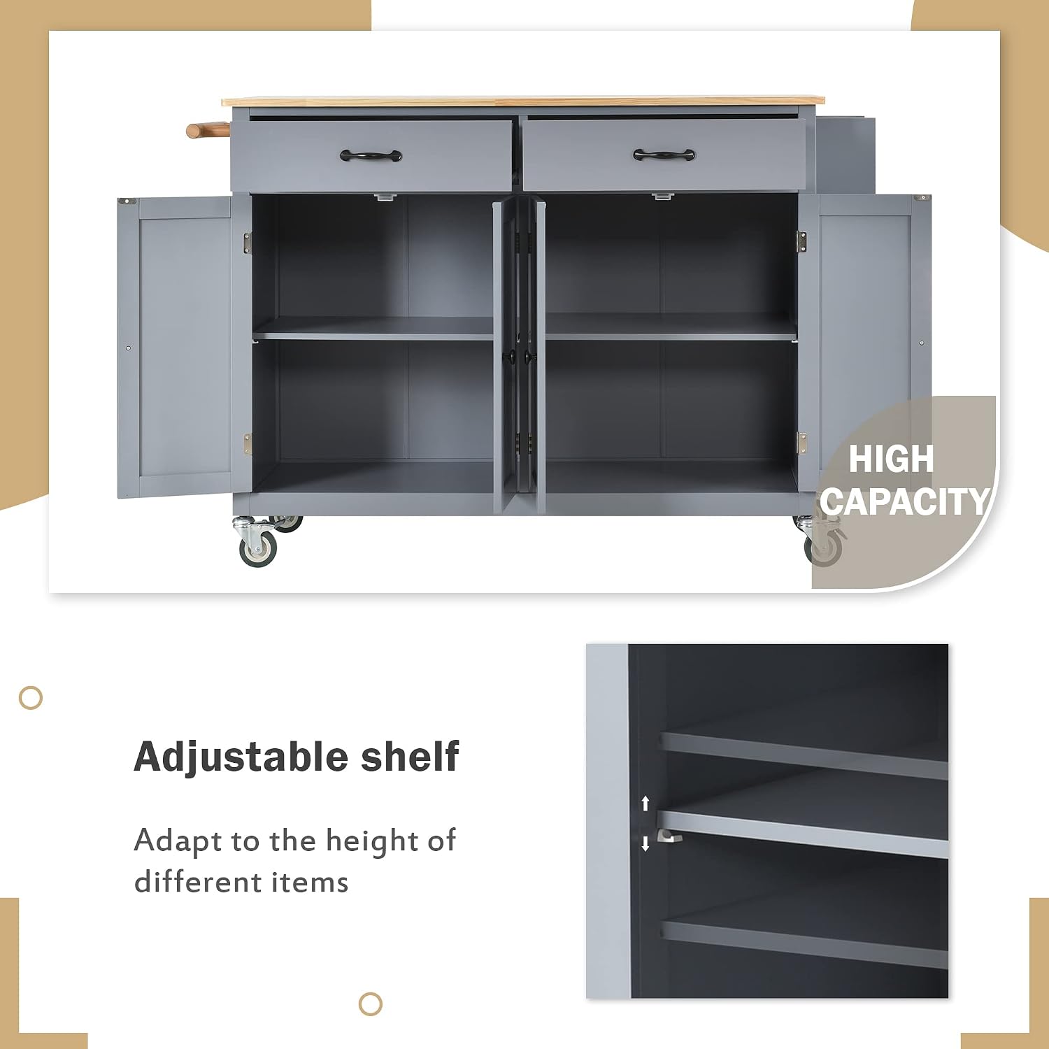 Merax 54.3' Width kitchen island with storage, Rolling Kitchen Storage Islands with 4 Door Cabinet & 2 Drawers, Kitchen Cart with Solid Wood Top, Lockable Wheels, Spice Rack, and Towel Rack, Grey Blue