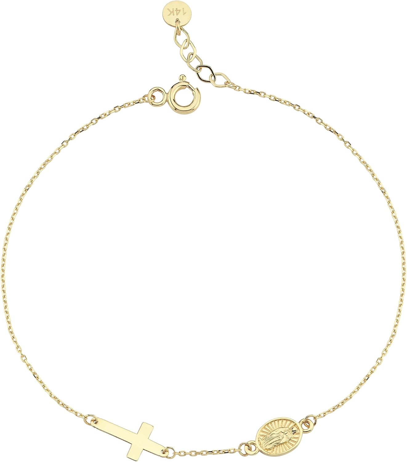 MIONZA 14K Solid Gold Rosary Sideways Cross Bracelet for Women, Adjustable Cross Bracelet, Religious Charm Catholic Jewelry, Christian Baptism Gift for Her