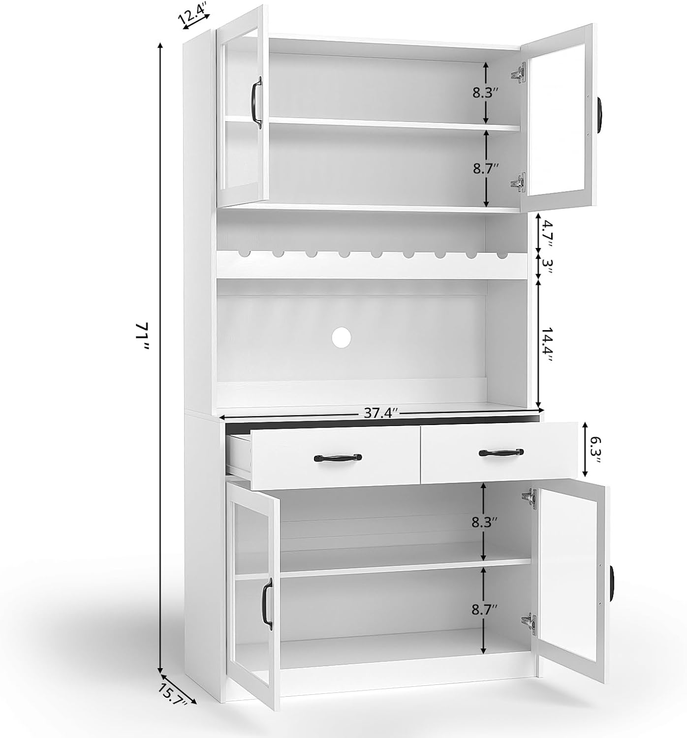 VOWNER 71' Kitchen Pantry Storage Cabinet, Tall Kitchen Hutch Storage Cabinet with 4 Glass Doors and 2 Drawers, Food Pantry with Wine Rack Cupboard for Dinning Room, Living Room