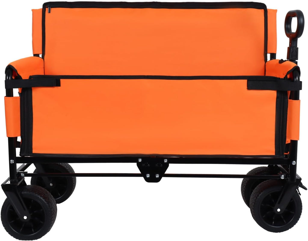 3-in-1 Convertible Folding Wagon Cart with Bench Seat & Storage 500Lbs Heavy-Duty Utility Wagon, 180L Capacity All-Terrain Wheels for Camping, Beach, Sports, Garden, Orange Multi-Functional Seat