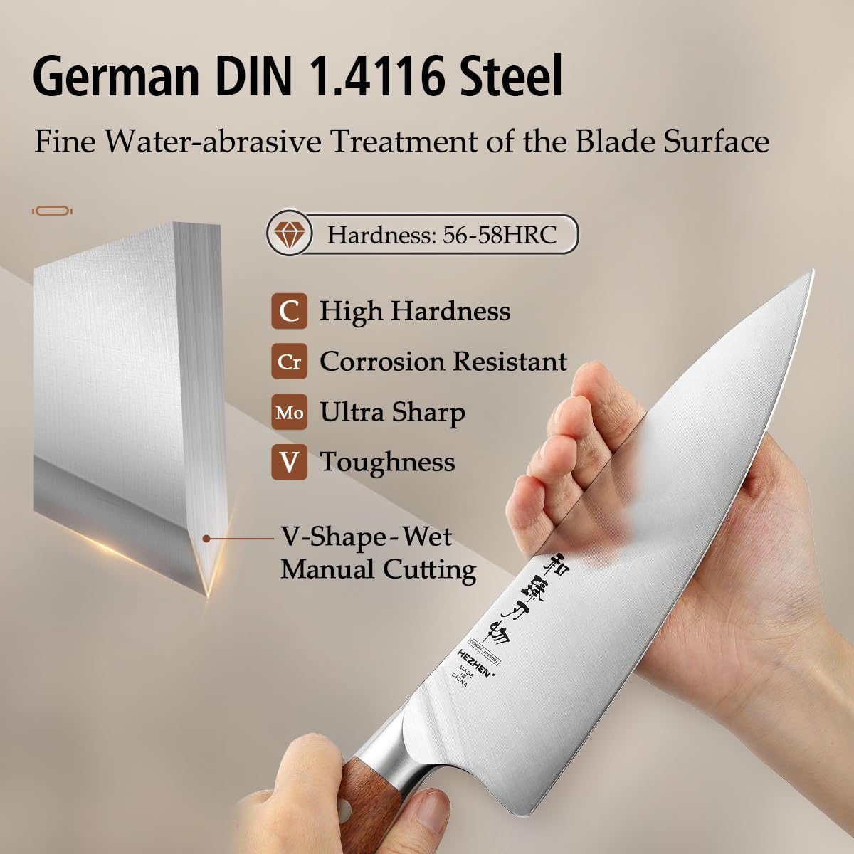 HEZHEN 8 PCS Kitchen Knife Block Set, German DIN 1.4116 Steel Knife Set with Block and Sharpener,Kitchen Shear, Ultra Sharp Blade,Red Wood Handle, Gift Packing