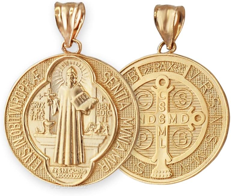 LA BLINGZ 10K Yellow Gold Saint Benedict Medal Reversible Pendant Necklace