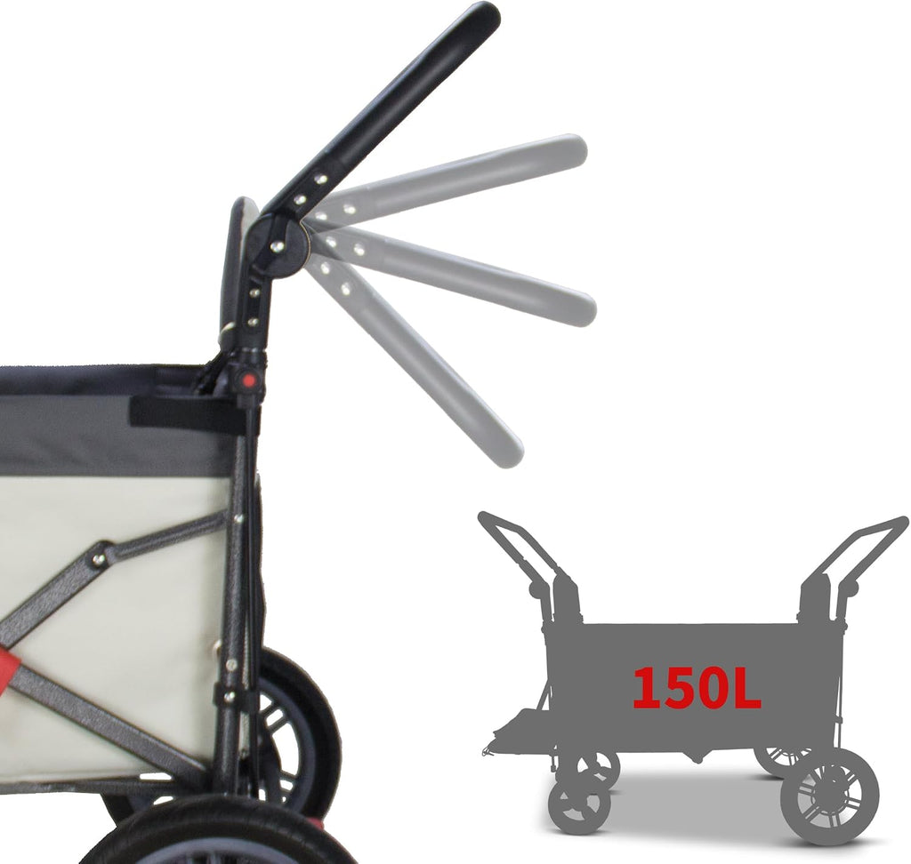 TMZ Collapsible Wagon with 2 Foldable Seats, Folding Wagon with Canopy, Multi Functional Cart with Adjustable Handle Bar, Front Expandable for Transport Camping (Grey/Beige)