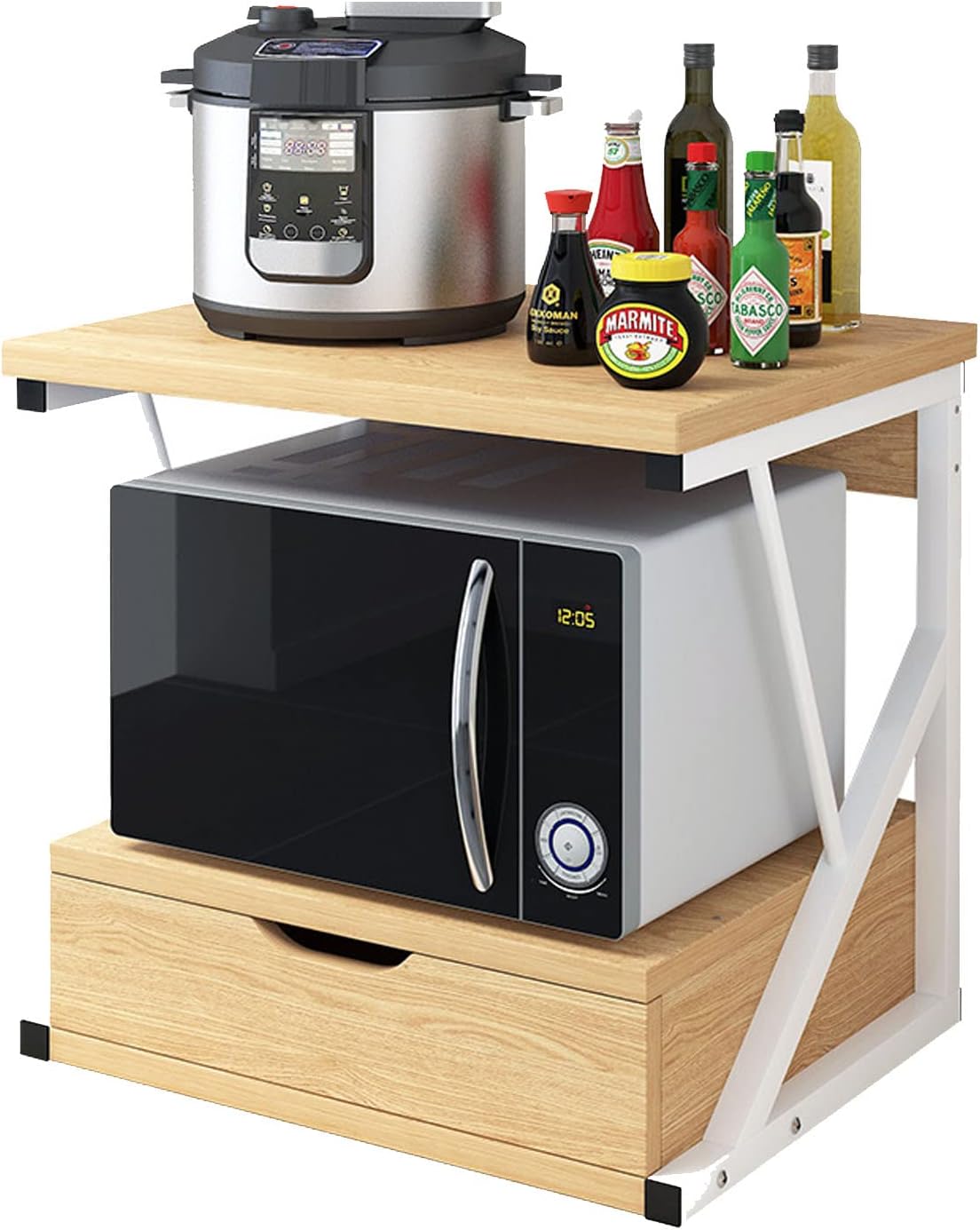 Microwave Storage Rack 2-Tier Kitchen Baker's Rack, Microwave Oven Rack Kitchen Counter Storage Organizer, Wood Kitchen Shelf Rack with Drawer Stand/Wood Color (Wood Color),Wood Color