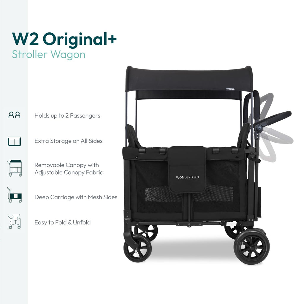WonderFold W2 Stroller Wagon - Foldable Wagon with Steel Frame - Canopy & Adjustable Push Handle - All-Terrain Wheels - for Babies, Toddlers & Kids - 2 Seater - Black